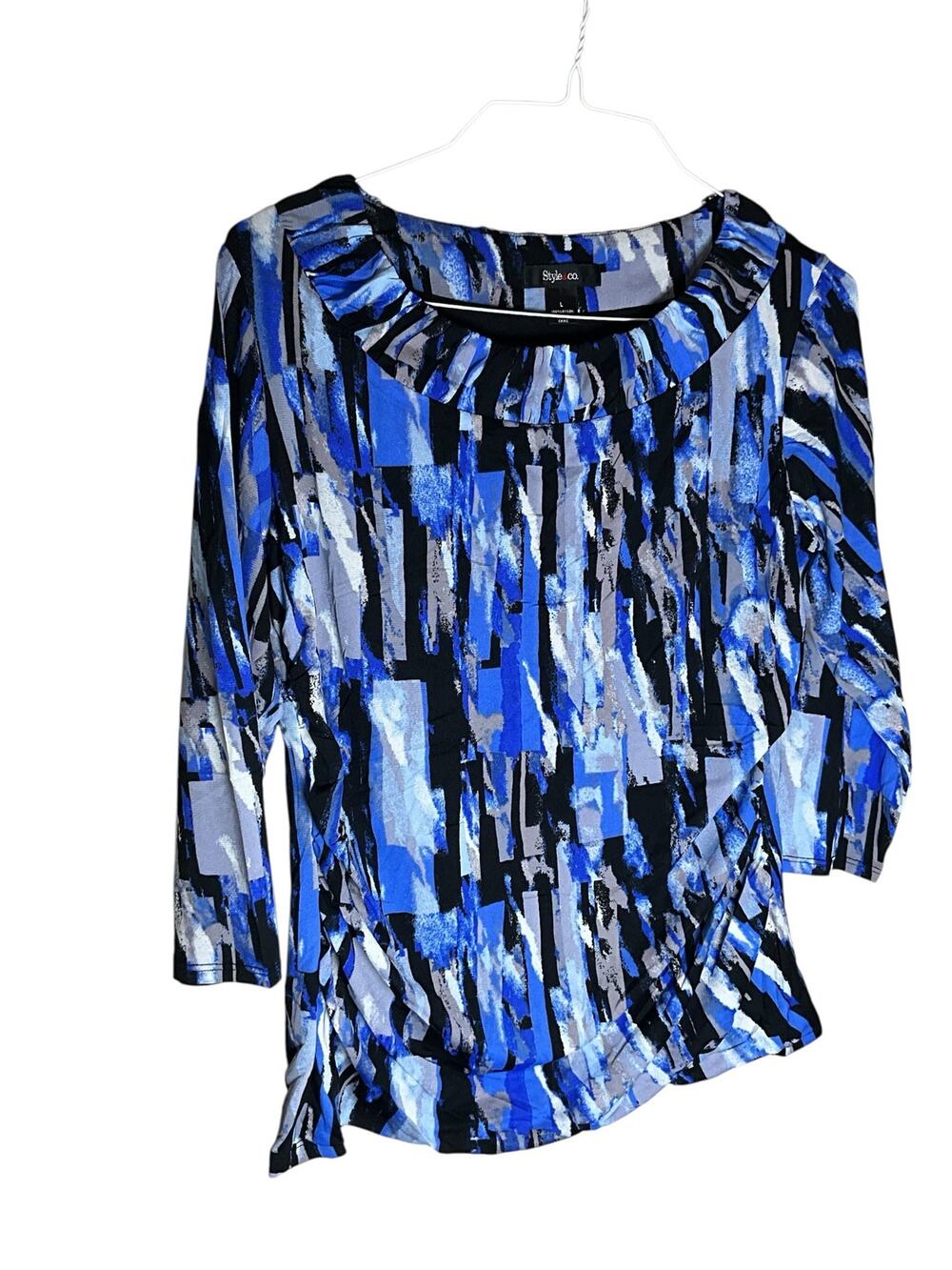 Style & Co. Blouse Top Womens Large Navy Blue Geometric Print Ruffled Round Neck